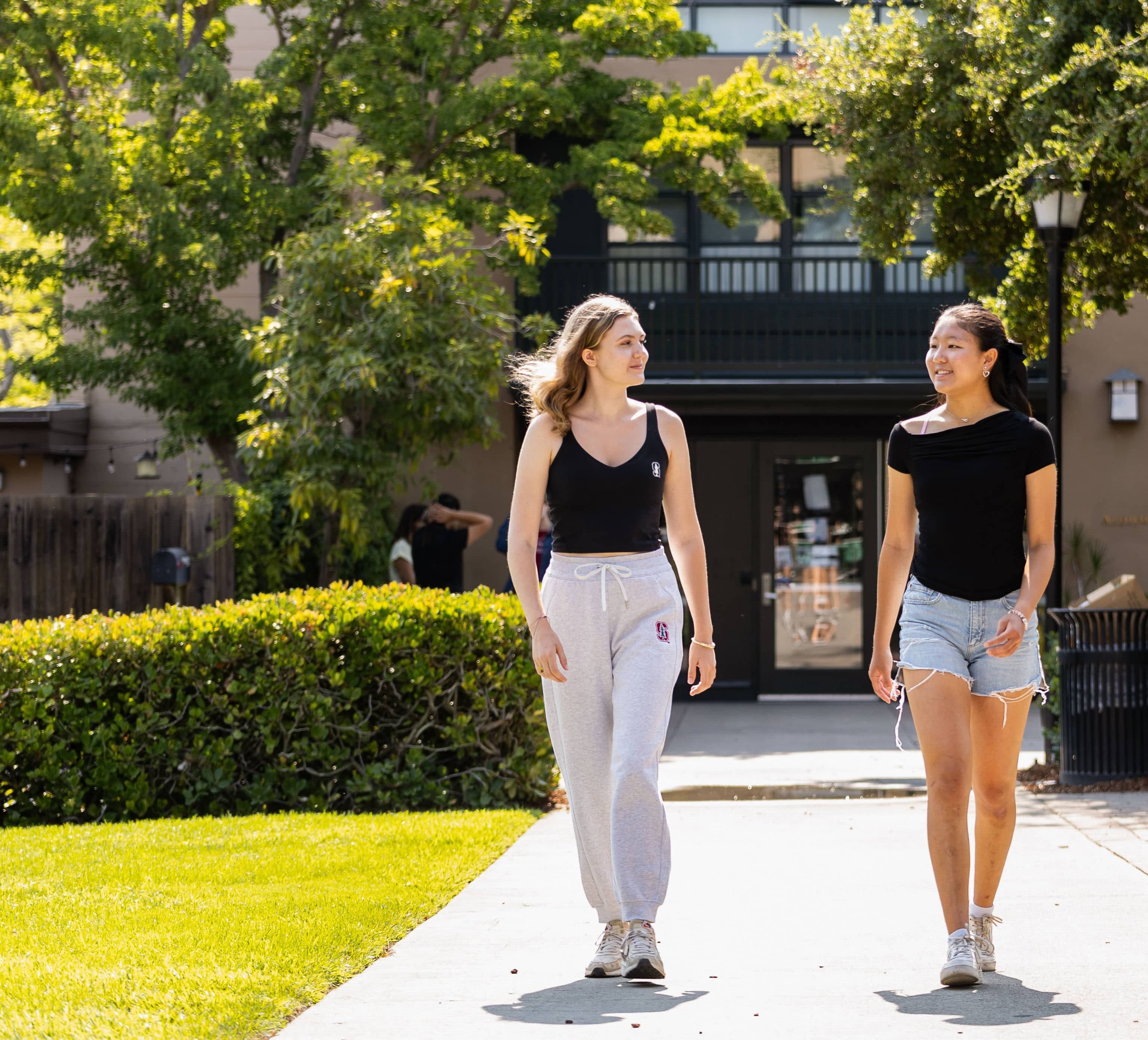 Two students walk on a path outside talking to each other.