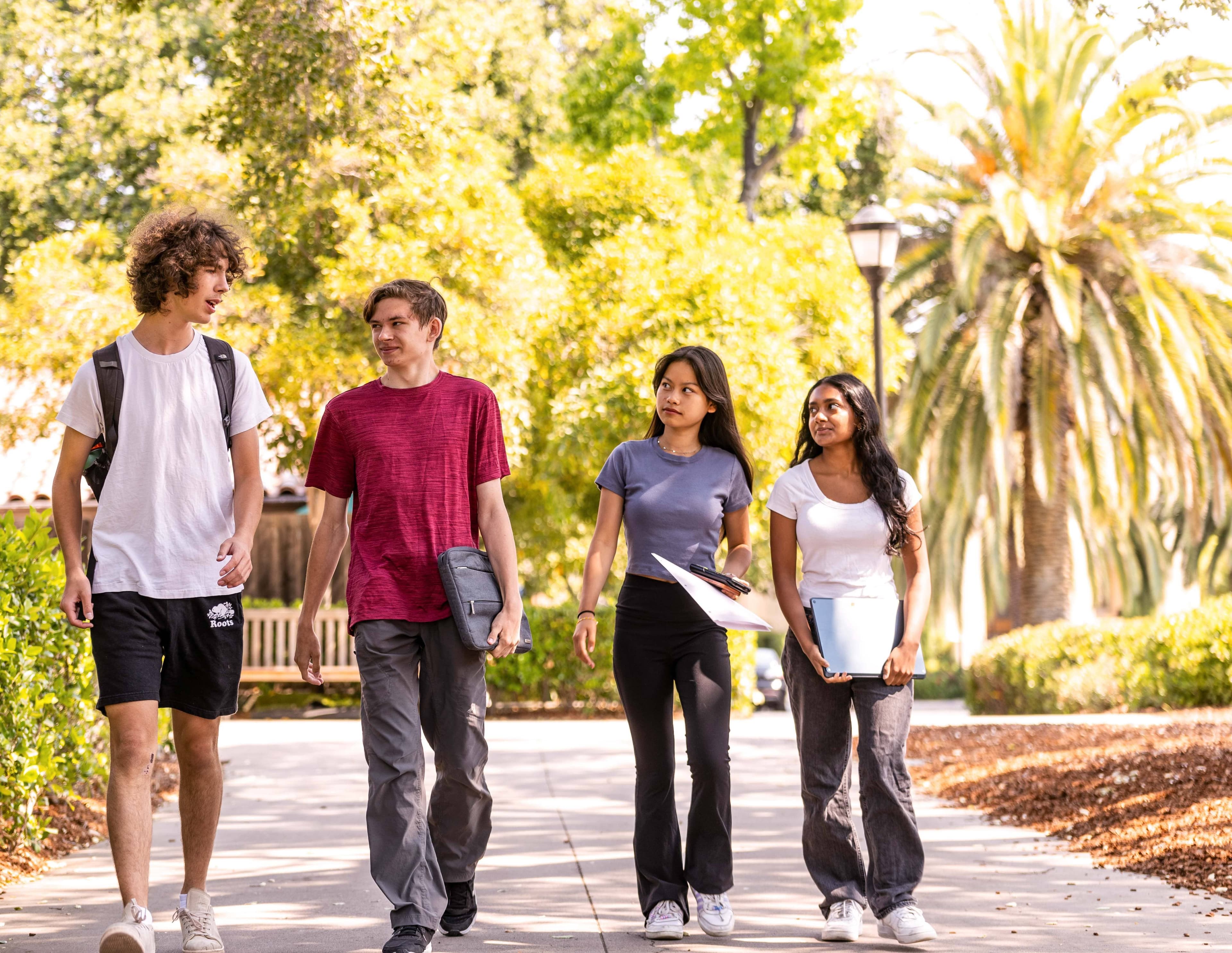 Four students walk along a path talking. (Photo credits to Cayden Gu/Ethography for Stanford Summer Session)